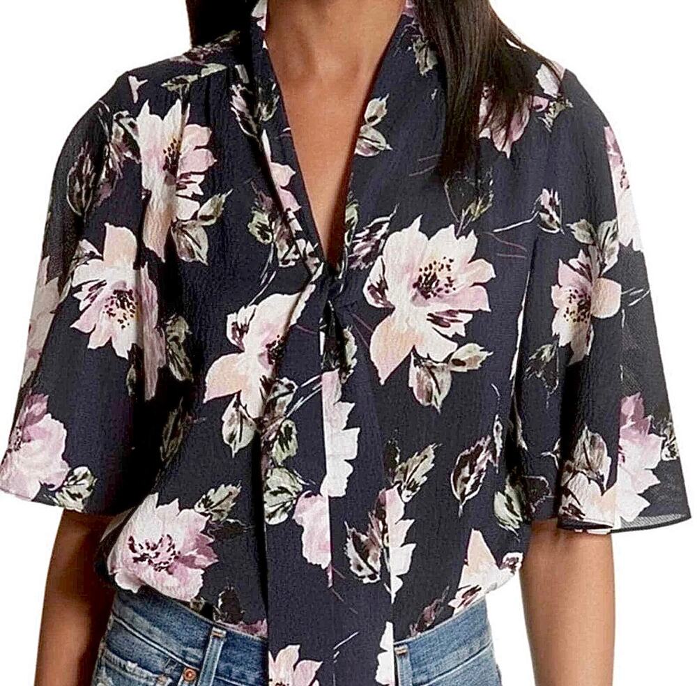 Rebecca Taylor Silk Blend Navy Magnolia Floral Button Front Scarf Tie Top 4